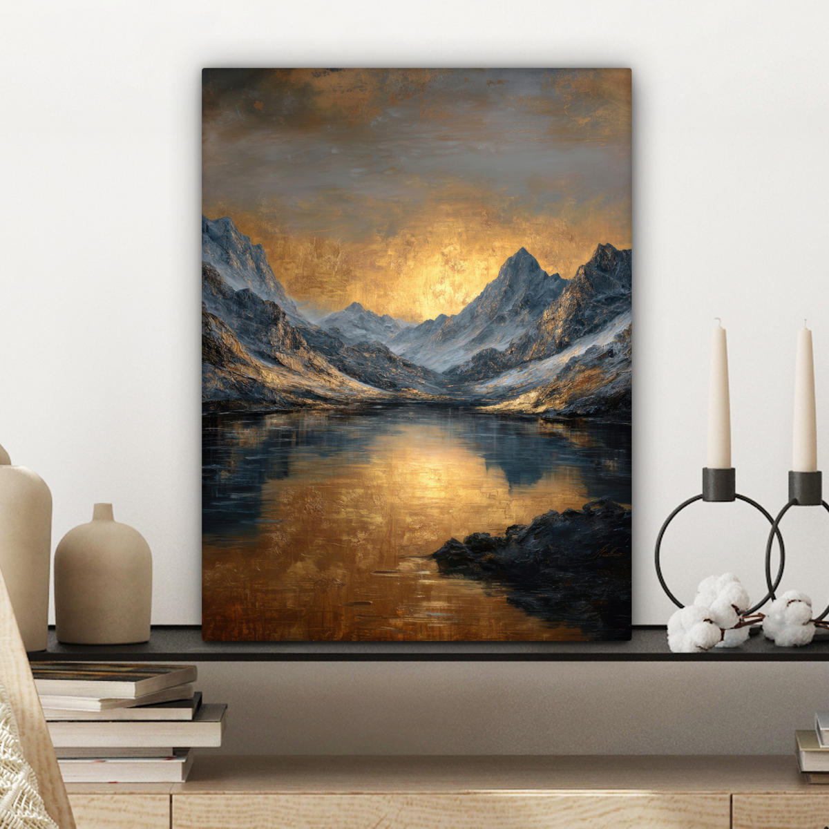 LEINWANDBILD Bergkulisse mit goldenem Sonnenuntergang Room Decor 30x40 cm - Goldfarben, Textil (30/40cm) - MuchoWow