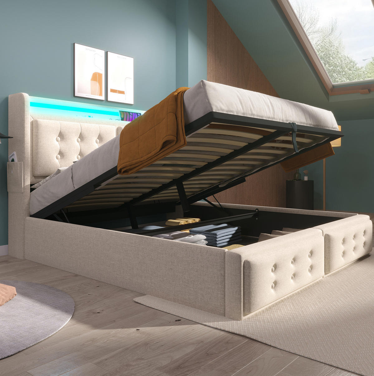 POLSTERBETT 140/200 cm mit LED-Beleuchtung, Steckdose, USB-C und Bettkasten, Baumwoll-Leinenstoff, Beige - Beige, Textil (140/200cm) - Redom