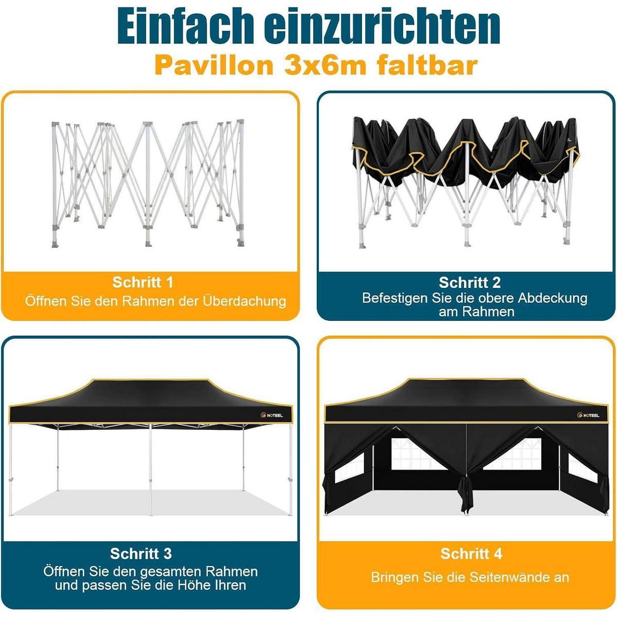 FALTPAVILLON 3x6m Schwarz Wasserdicht Stabil Winterfest Sechskant-Gestell 6 Seitenteile - Schwarz, Textil (300/320/600cm)