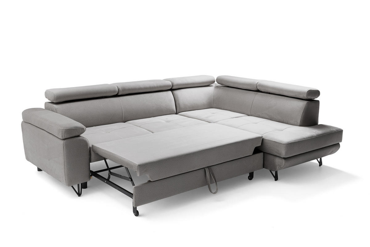 ECKSOFA JUNIOR L Rechts mit Schlaffunktion 194x128 Velours Hellgrau - Hellgrau/Schwarz, Holz/Textil (184/249cm) - Muffo