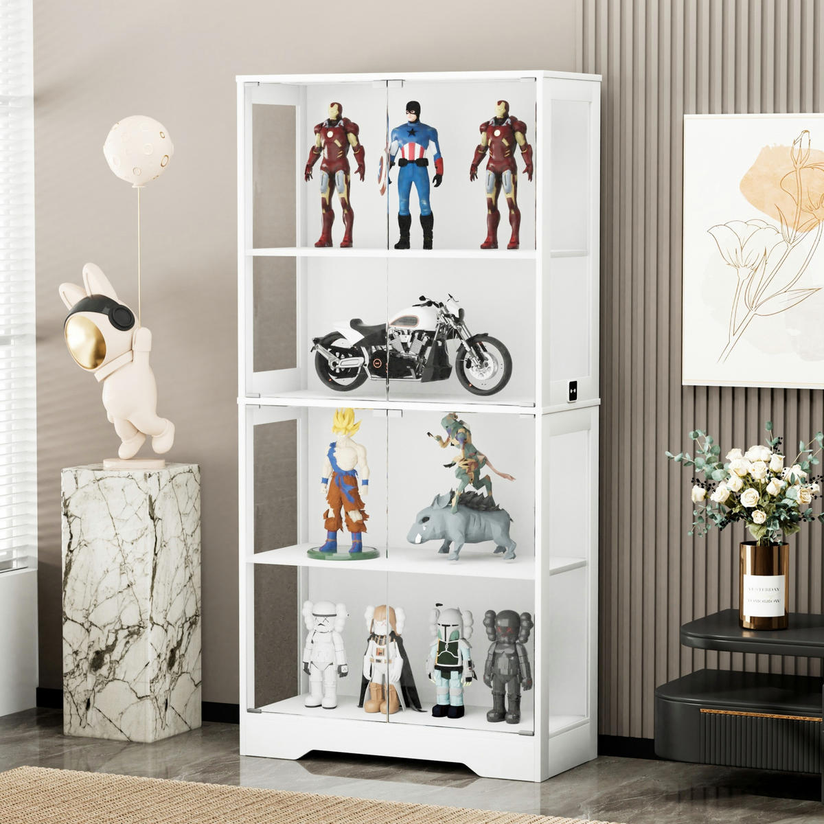 VITRINE 80/35/165 cm in Weiß mit LED-Beleuchtung und Glastüren - Weiß, Holzwerkstoff (80/165/35cm) - Flora Grace