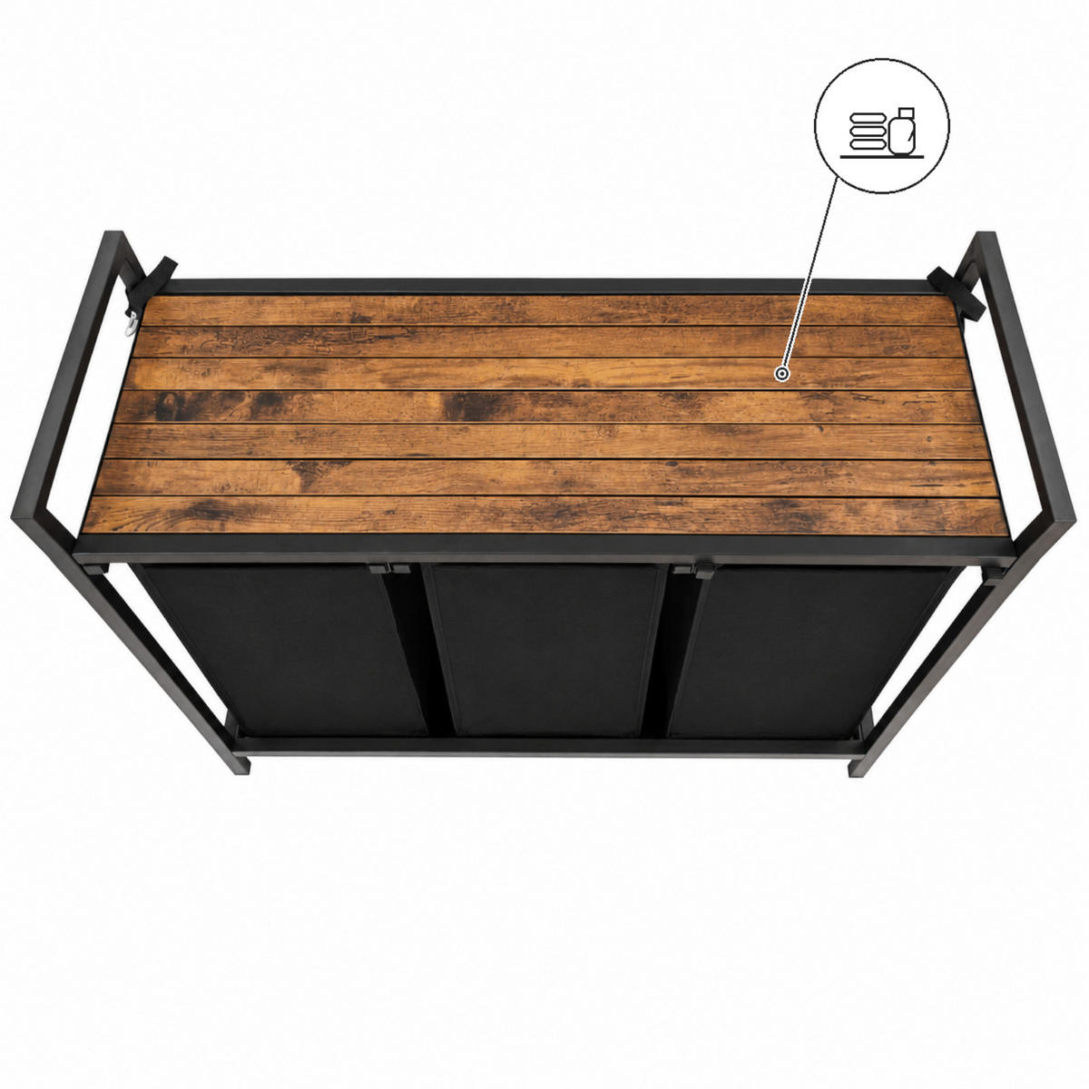 WÄSCHEKORB Metall Schwarz 3 herausnehmbare Wäschesäcke 114 Liter 92,5x33x71 cm - Dunkelbraun/Schwarz, Holzwerkstoff/Textil (92.5/71/33cm) - Begryf