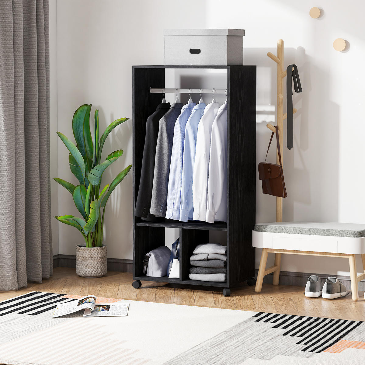 KLEIDERSCHRANK DE-17152 mit Kleiderstange & 2 Nischen Schwarz - Schwarz, Holzwerkstoff (40/128/60cm) - ComfortXL
