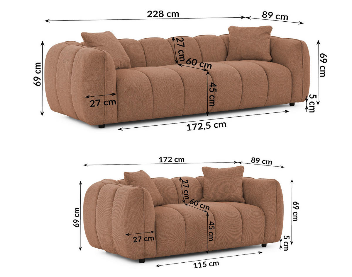 SITZGARNITUR 3+2 Nubira in tief gesteppter Bubble-Optik aus weichem Terrakotta Strukturstoff im modernen Design - Terracotta/Schwarz, Holz/Kunststoff (228/69/89cm) - S-Style Möbel
