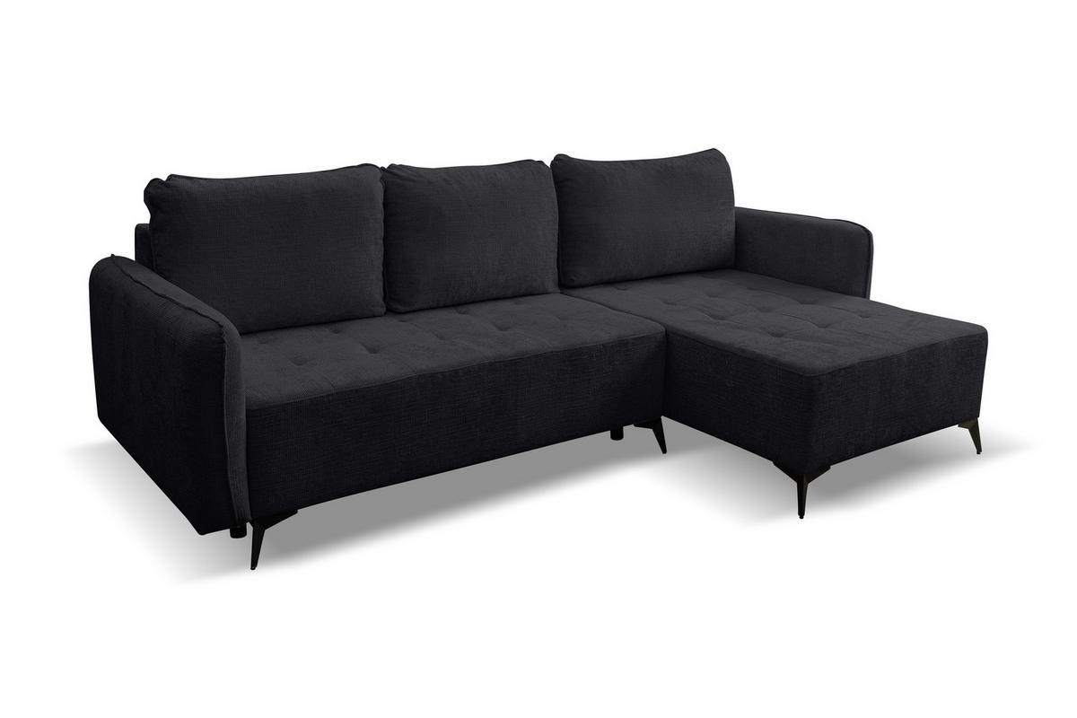 ECKSOFA Lucky in L-Form mit Schlaffunktion und Bettkasten, Farbe: Schwarz, Strukturstoff, Ottomane Links oder Rechts - Schwarz, Textil (275/160cm) - VENASI MÖBEL