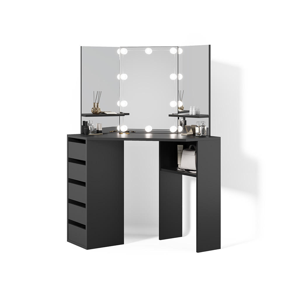 ECKSCHMINKTISCH Enna Schwarz 110 cm mit LED Beleuchtung - Schwarz, Holzwerkstoff (110/141.5/54cm) - Livinity®
