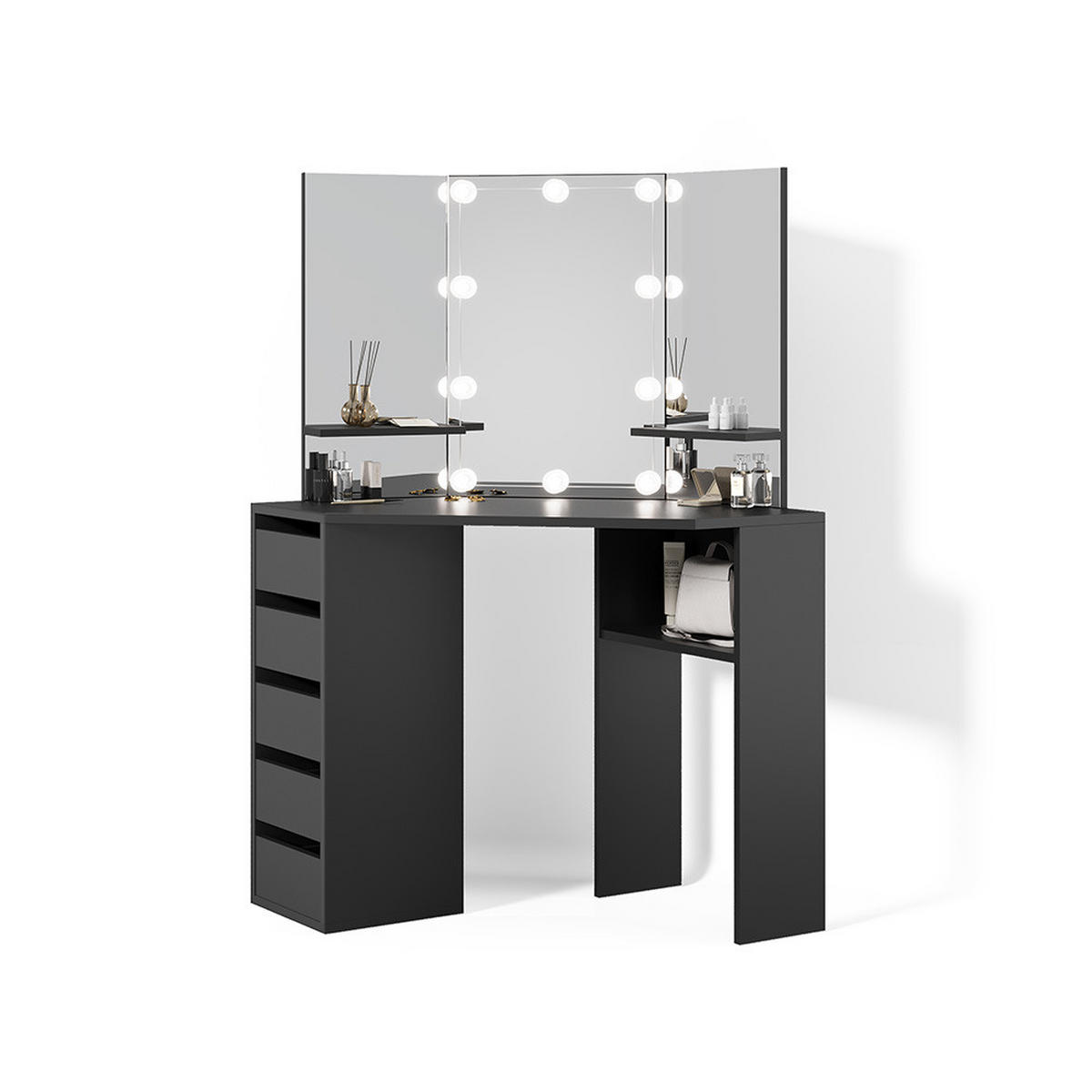 ECKSCHMINKTISCH Enna Schwarz 110 cm mit LED Beleuchtung - Schwarz, Holzwerkstoff (110/141.5/54cm) - Livinity®