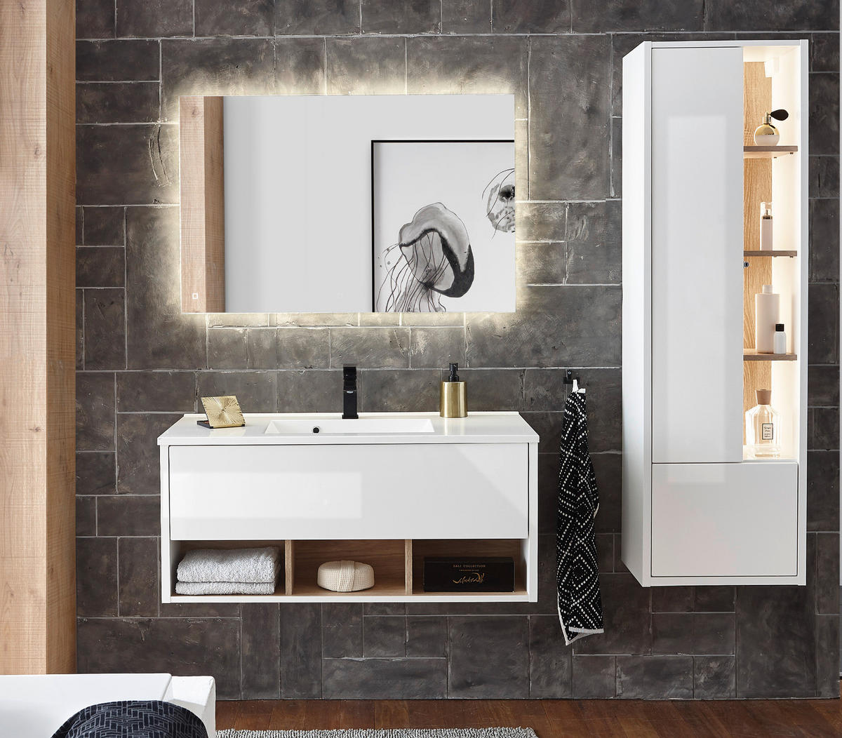 BADMÖBEL-SET weiß Hochglanz, Eiche 3-teilig, Badmöbel mit Waschbecken, LED Beleuchtung 155 cm - Weiß Hochglanz/Eichefarben, Glas/Holzwerkstoff (155/190/47cm) - Furn.Design