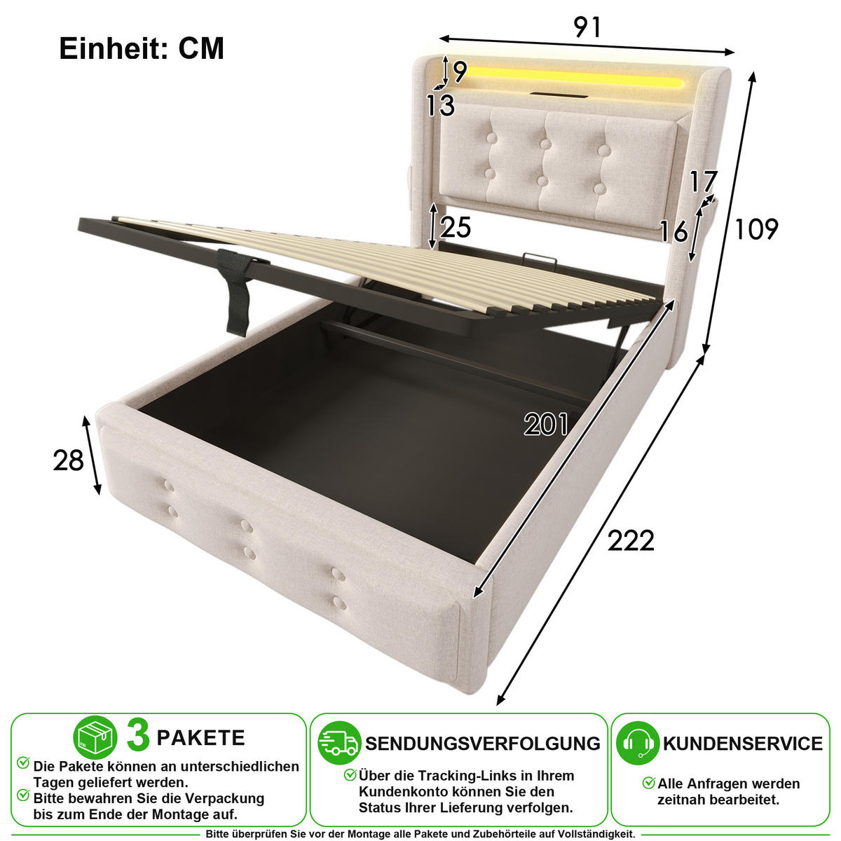 ČALOUNĚNÁ POSTEL 90/200 cm v béžové barvě s LED, USB-C a úložným prostorem - béžová, kov/kompozitní dřevo (90/200cm) - CHICFURN