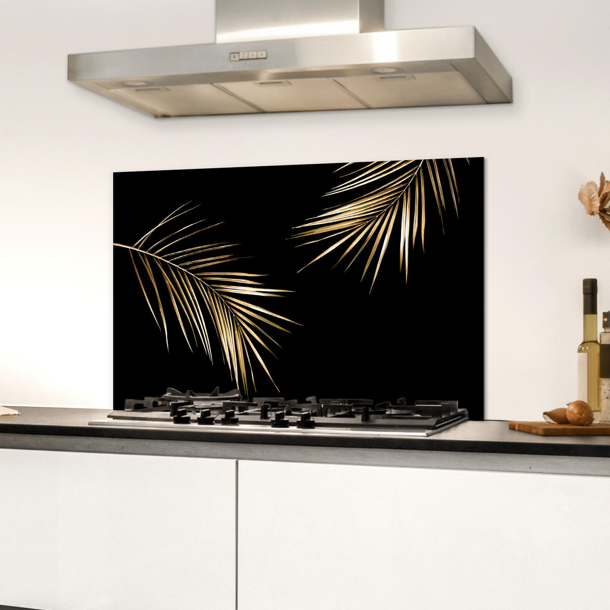 SPRITZSCHUTZ KÜCHE Blätter - Pflanzen - Gold - Schwarz - Luxus 70x50 cm - Goldfarben, Metall (70/0.3/50cm) - MuchoWow