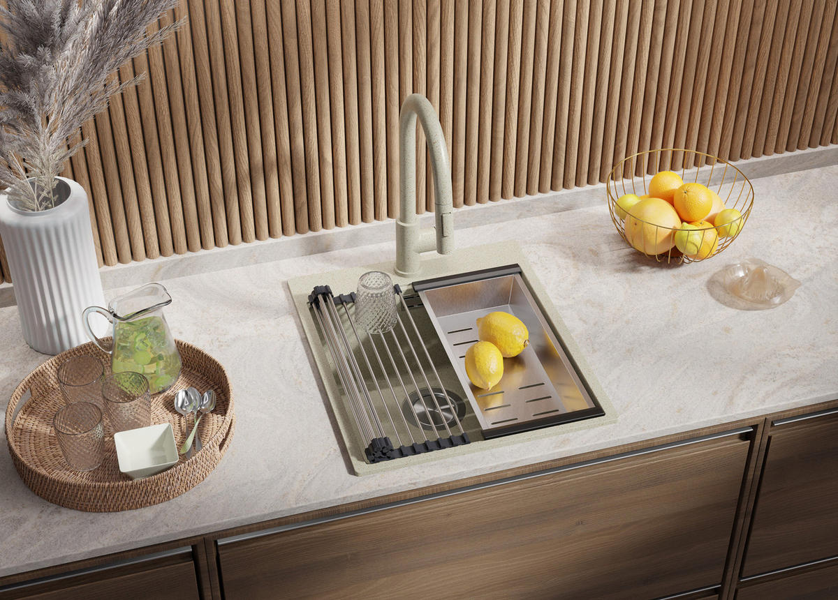 SPÜLBECKEN Oslo, 2-er set Beige 43/50 cm 1 Becken + Ablauf-Set + Schneidebrett ab 45er Unterschrank - Chromfarben/Beige, Kunststoff (43/20/50cm) - Primagran