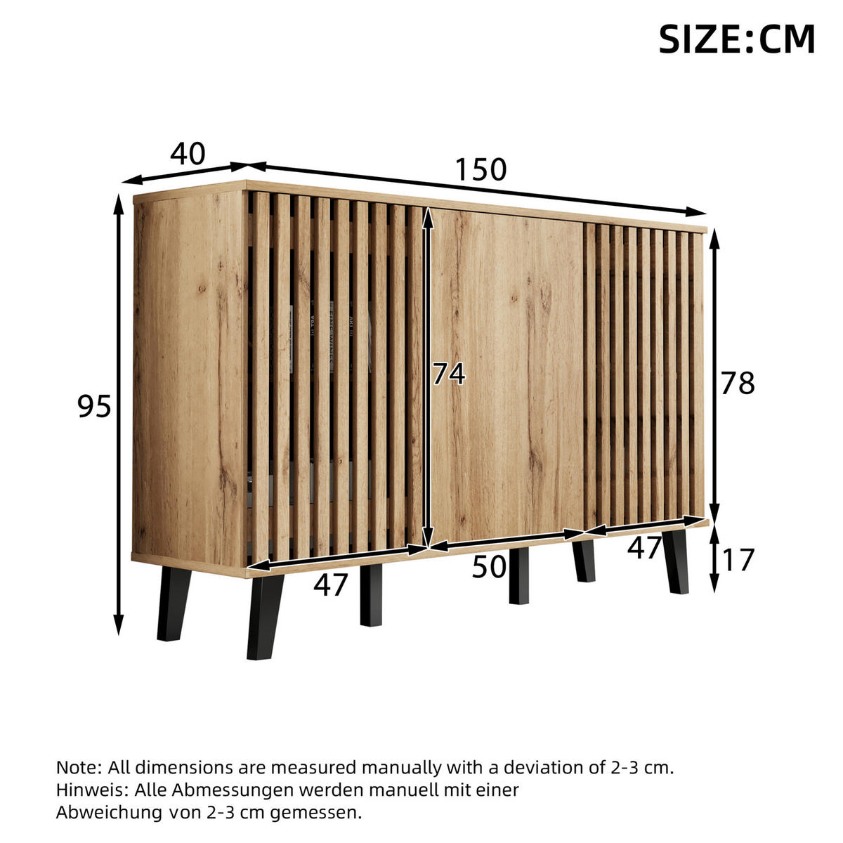 KREDENCA iz iverne plošče, 150/40/95 cm, naravni lesni dekor s 3 vrati - naravne barve, leseni material (150/95/40cm) - Modenvie