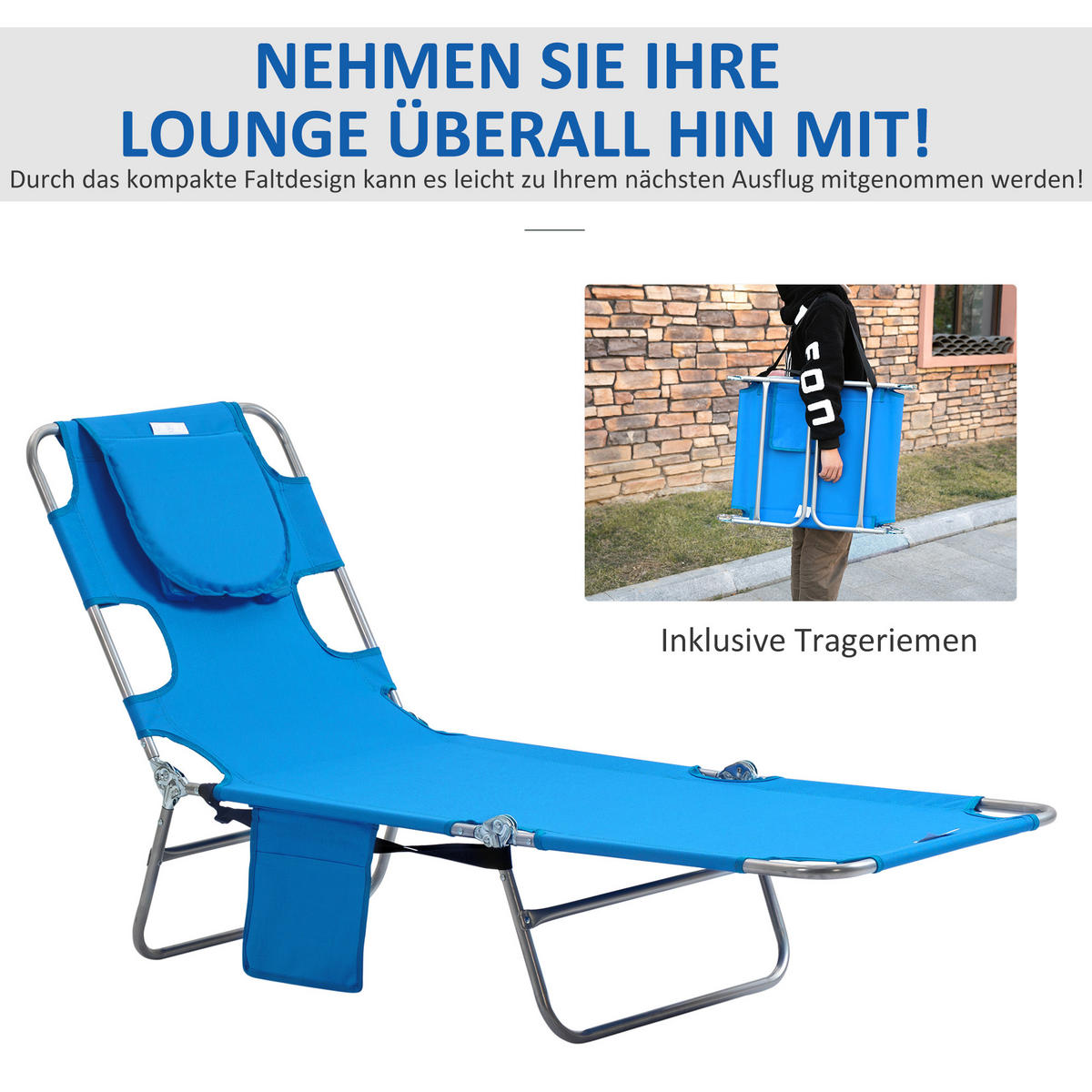 SONNENLIEGE klappbar, Seitentasche, Blau - Blau, Kunststoff (55/29/185cm) - Outsunny