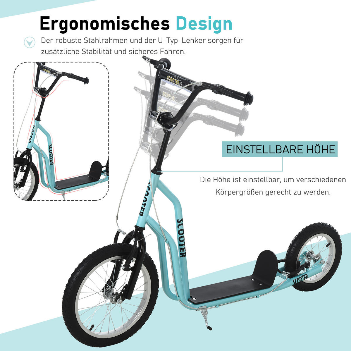 KINDERROLLER ab 5 jahre Scooter Cityroller Kinder Luftreifen verstellbar Blau - Blau, Metall (135/58/88cm) - HOMCOM