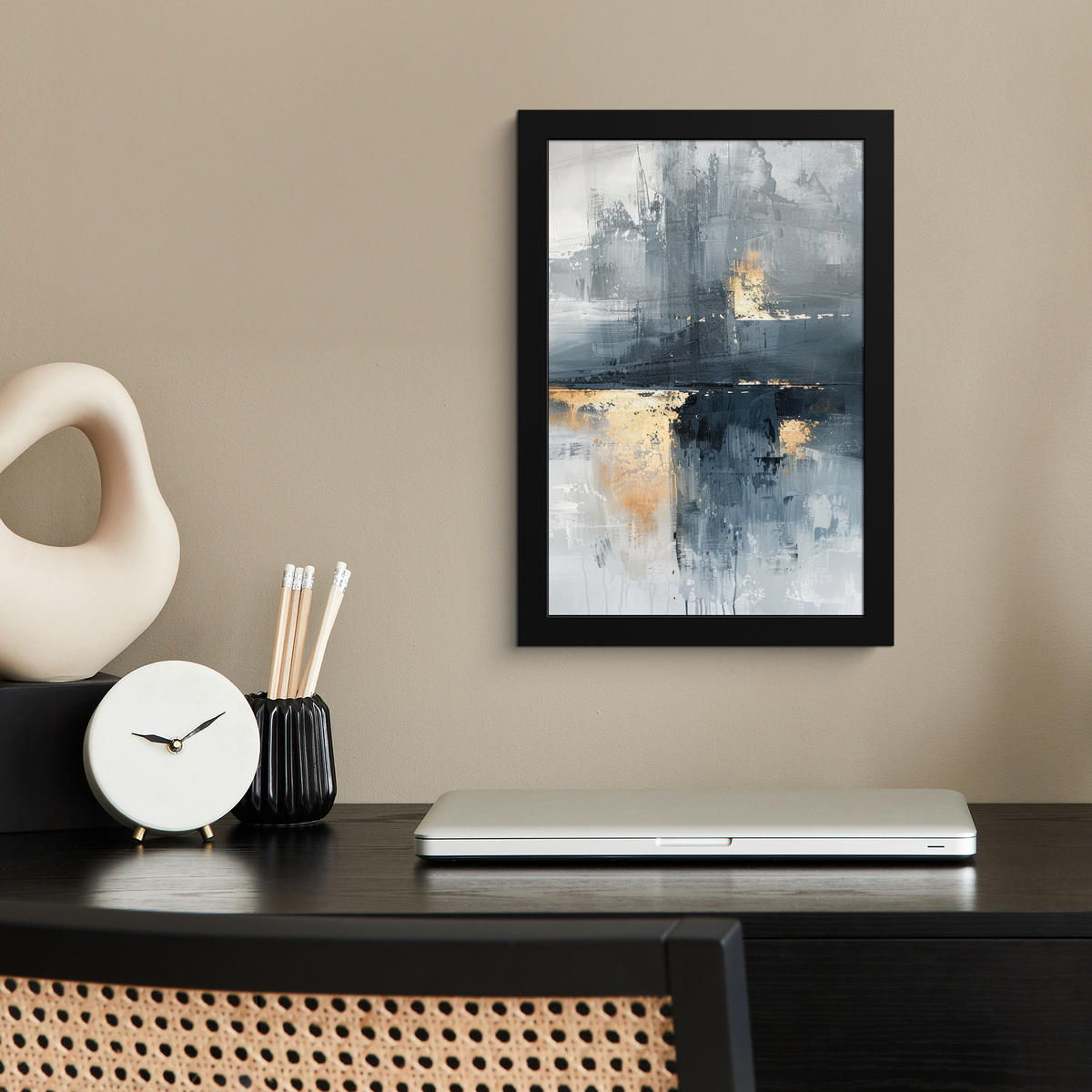 GERAHMTES BILD Kunst - Grau - Gold - Abstrakt 20x30 cm - Dunkelgrau, Papier (20/30cm) - MuchoWow