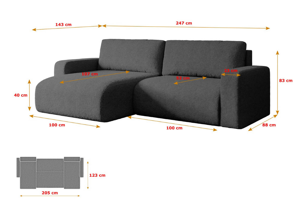 ECKSOFA mit Schlaffunktion und Bettkasten KLEEA-L - 247x143x83 cm Grau Bouclé - Schwarz/Grau, Holzwerkstoff/Kunststoff (247/143cm) - ALTDECOR