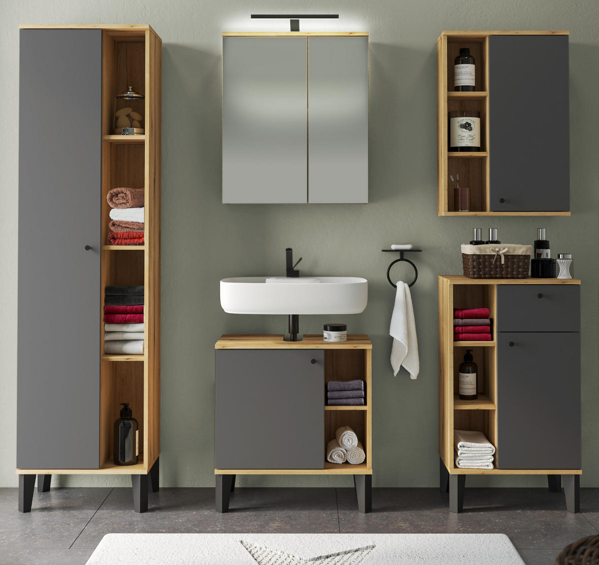 BADMÖBEL-SET 5-teilig grau, Evoke Eiche, Badkombination 182 x 190 cm - Eichefarben/Grau, Glas/Holzwerkstoff (182/190/33cm) - Furn.Design