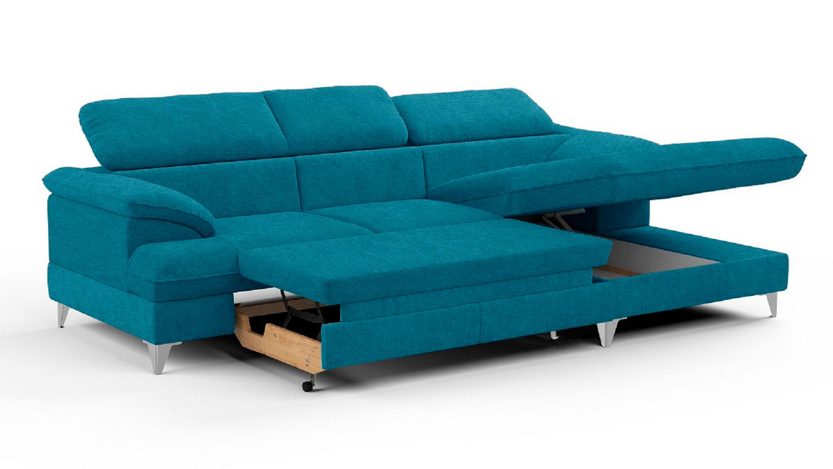 ECKSOFA mit Schlaffunktion und Bettkasten, verstellbare Kopfstützen - Chromfarben/Blau, Textil/Metall (167/254cm) - Cotta