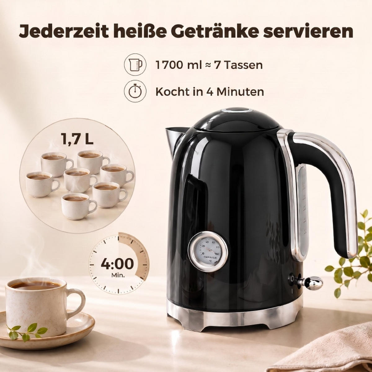 WASSERKOCHER‑SET mit Toaster, 1,7 L elektrischer Wasserkocher & 2‑Scheiben‑Toaster, Retro‑Frühstücksset in Schwarz‑Edelstahl für die Küche - Schwarz, Metall (23.5/24.4/16cm) - Joyfair