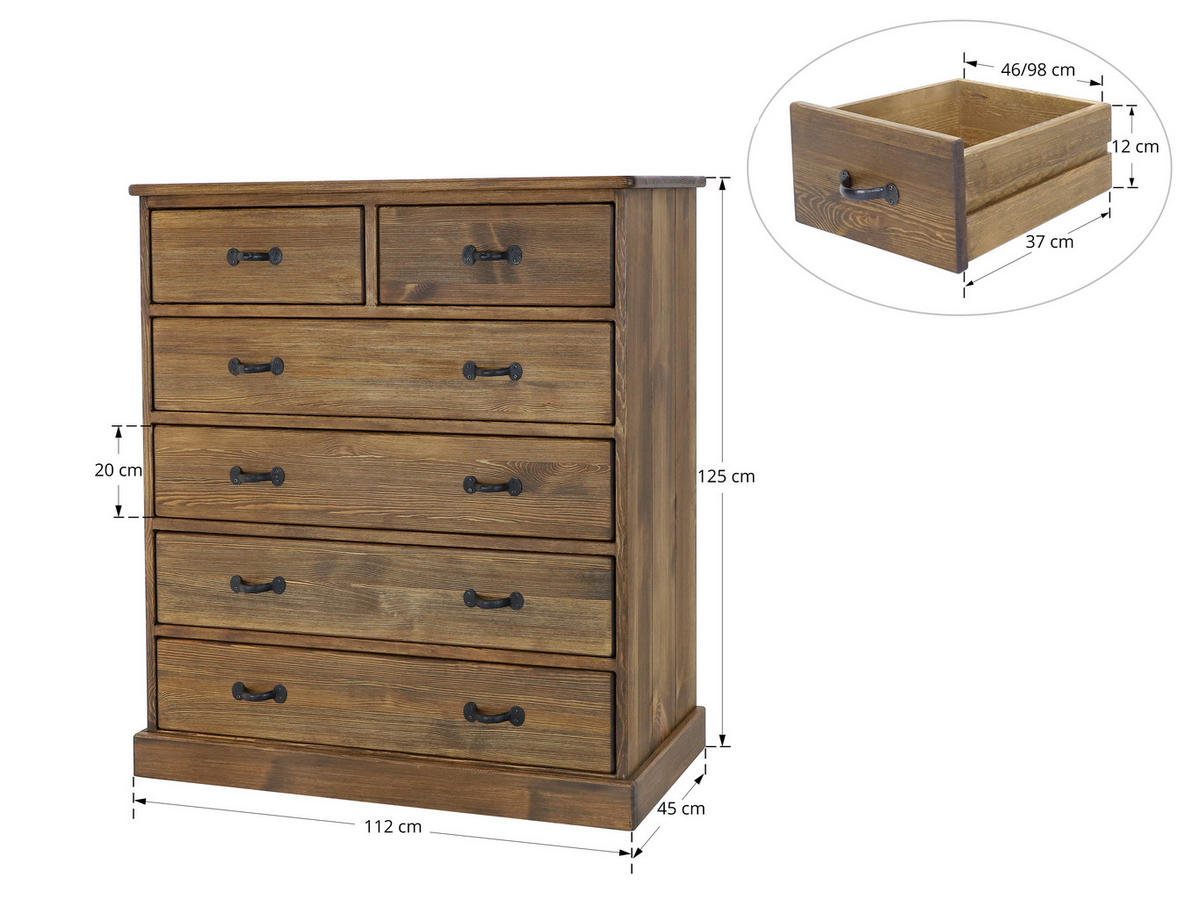KOMMODE aus Massivholz Rustyk 5/6 - Dunkelbraun/Schwarz, Holz (112/125/45cm) - Seart