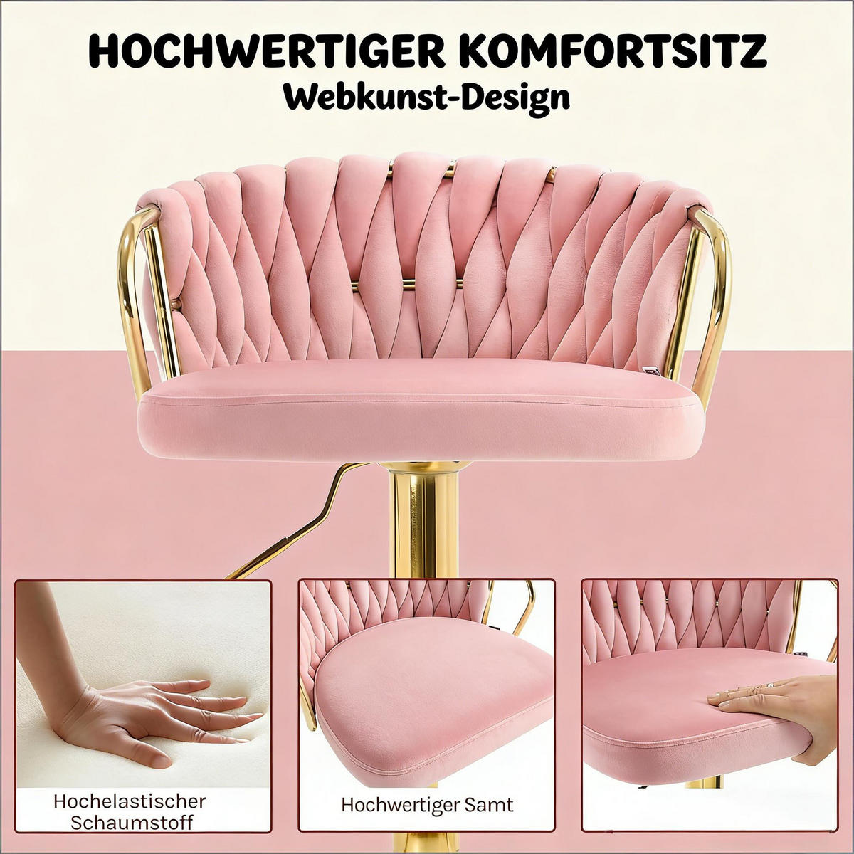 BARHOCKER DE-36090 Drehbar höhenverstellbar mit Samtbezug Rosa - Pink, Metall (49.5/98/50.5cm) - ComfortXL