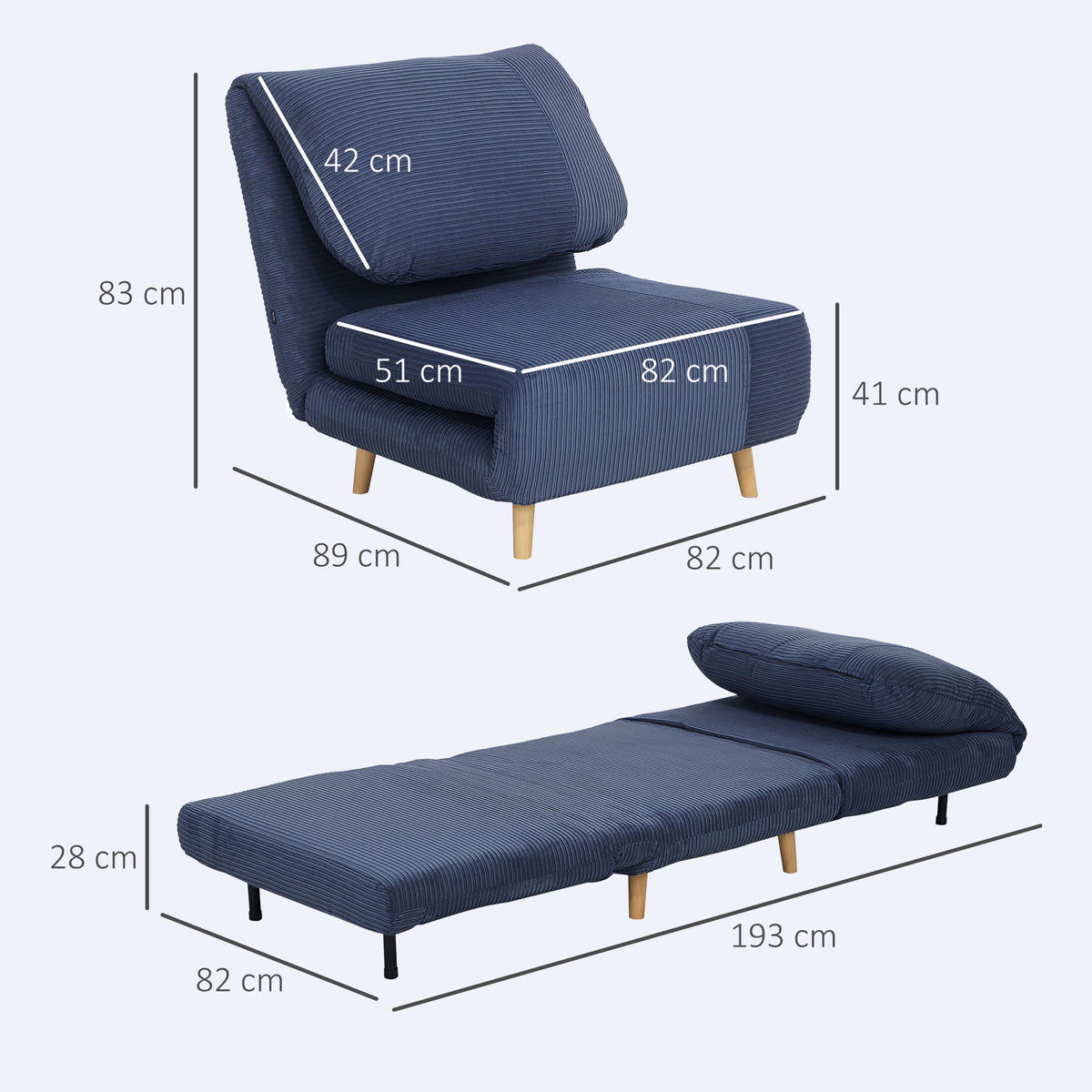 2-IN-1 Schlafsofa Schlafsessel Klappmatratze Gästebett Klappbett Blau - Blau/Naturfarben, Holz/Textil (89/83/82cm) - HOMCOM