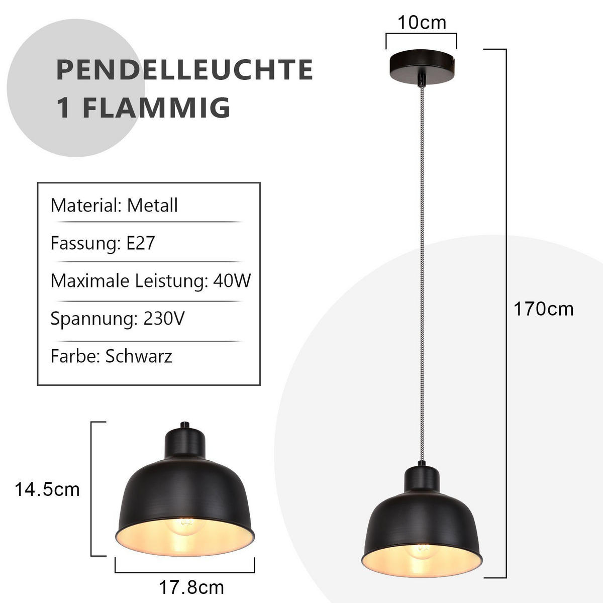 HÄNGELEUCHTE Selma 1-flammig 18/10/170 cm - Schwarz, Metall (18/10/170cm) - Nettlife