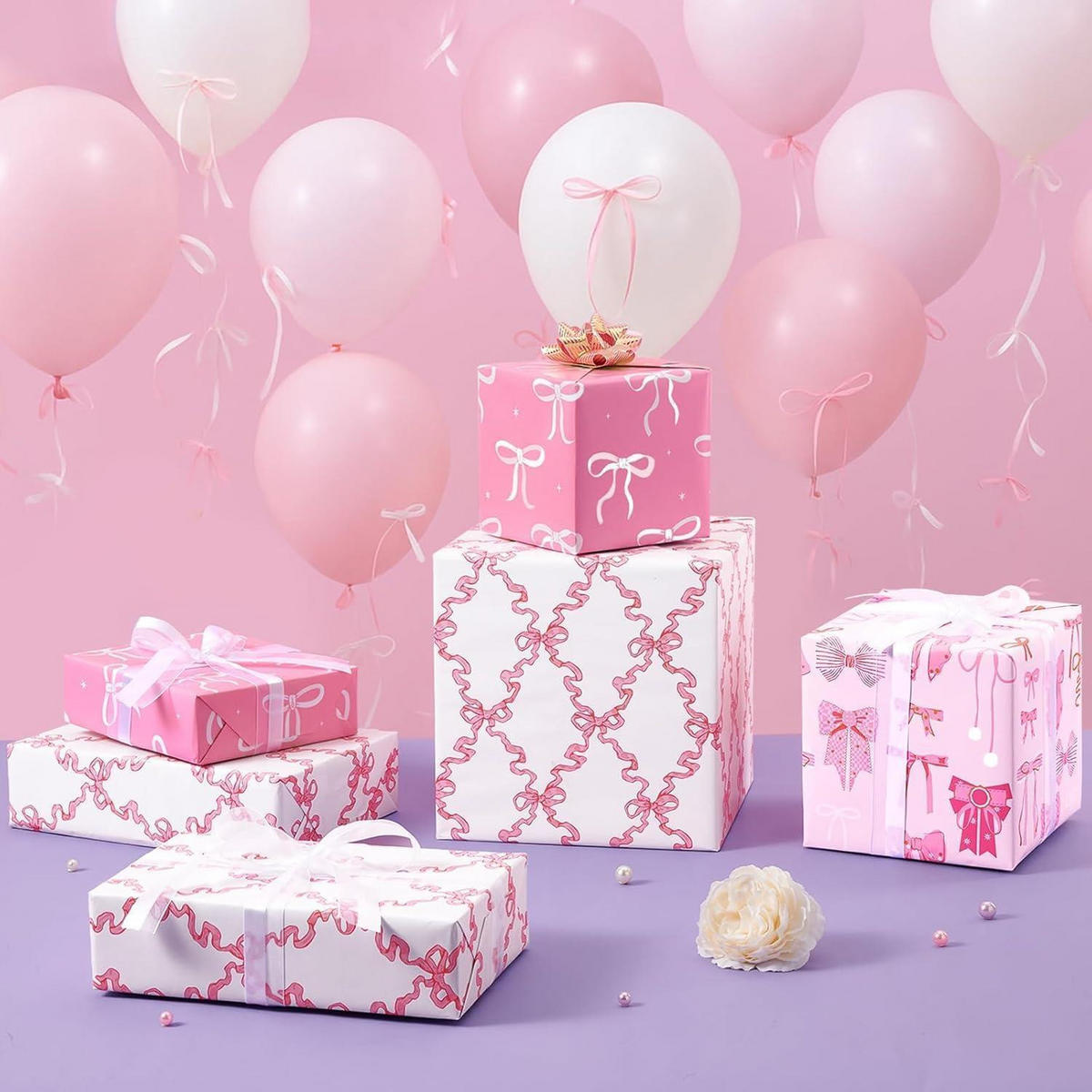 GESCHENKPAPIER 3 Rollen Set Rosa Schleife 43 cm x 3 m - Rosa, Papier (0.1/0.1/0.1cm)