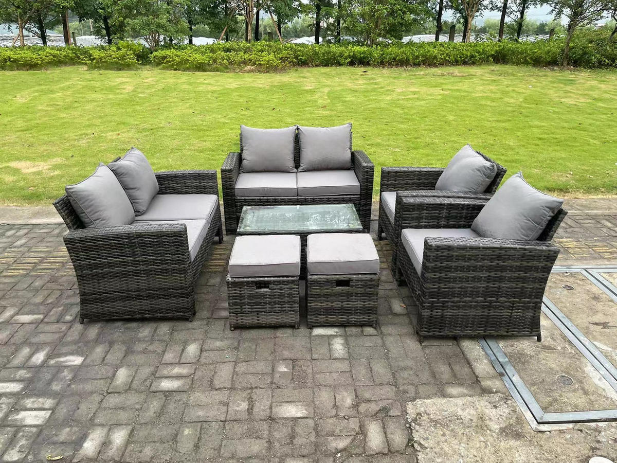 GARTENMÖBELSET mit 2 kleinen Hockern Polyrattan Dunkelgrau 8-Sitzer - Dunkelgrau, Metall - Fimous
