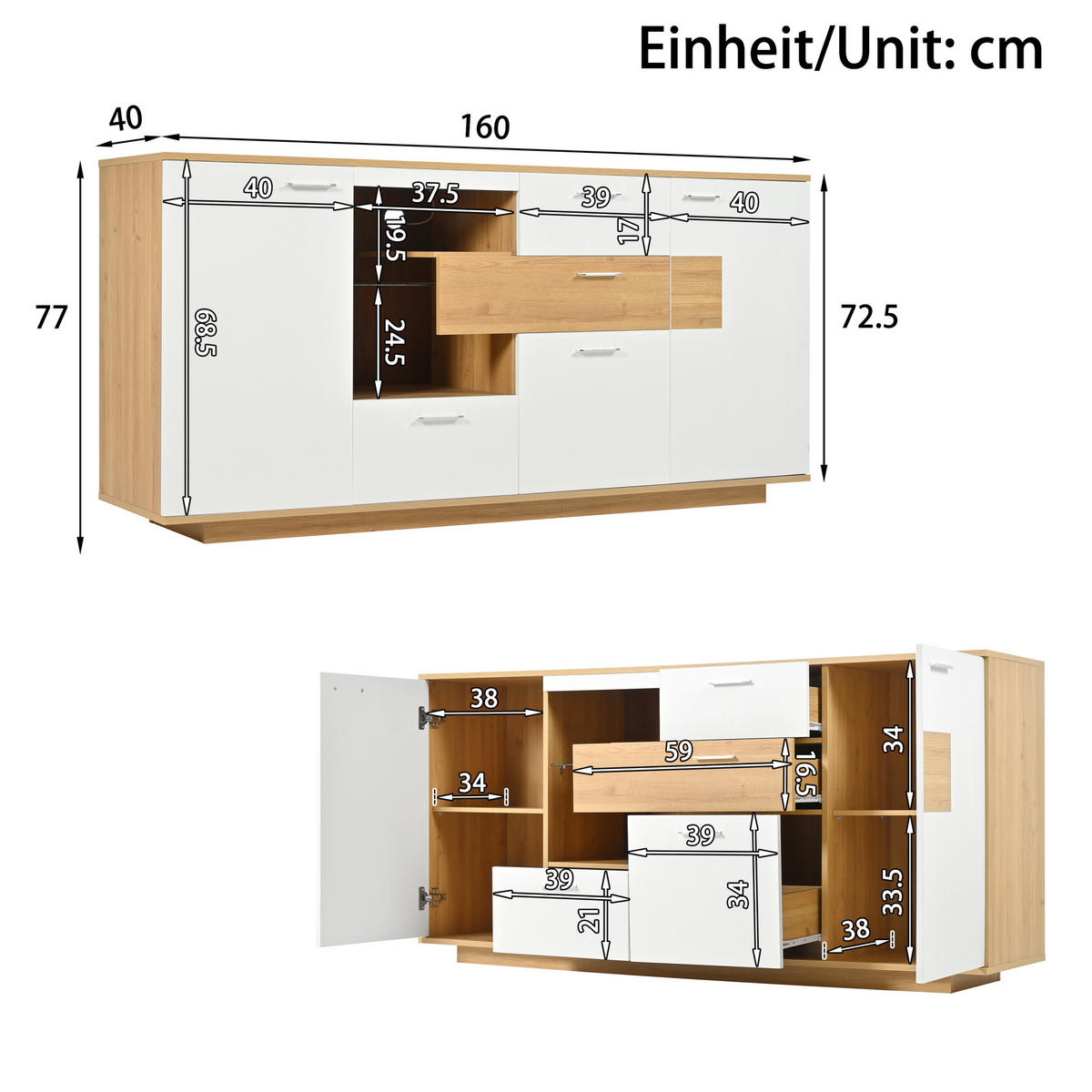 SIDEBOARD 160/40/77 cm mit 2 Türen, 4 Schubladen & LED-Beleuchtung - Naturfarben, Holzwerkstoff (160/77/40cm) - BEAOK
