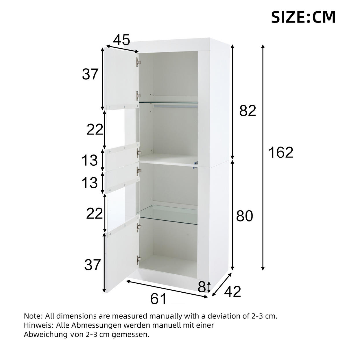 VITRINE in Weiß Highboard mit LED-Beleuchtung und Glasboden für Wohnzimmer und Schlafzimmer, B61/T42/H162 cm - Weiß, Glas/Holzwerkstoff (61/162/42cm) - STILVORA