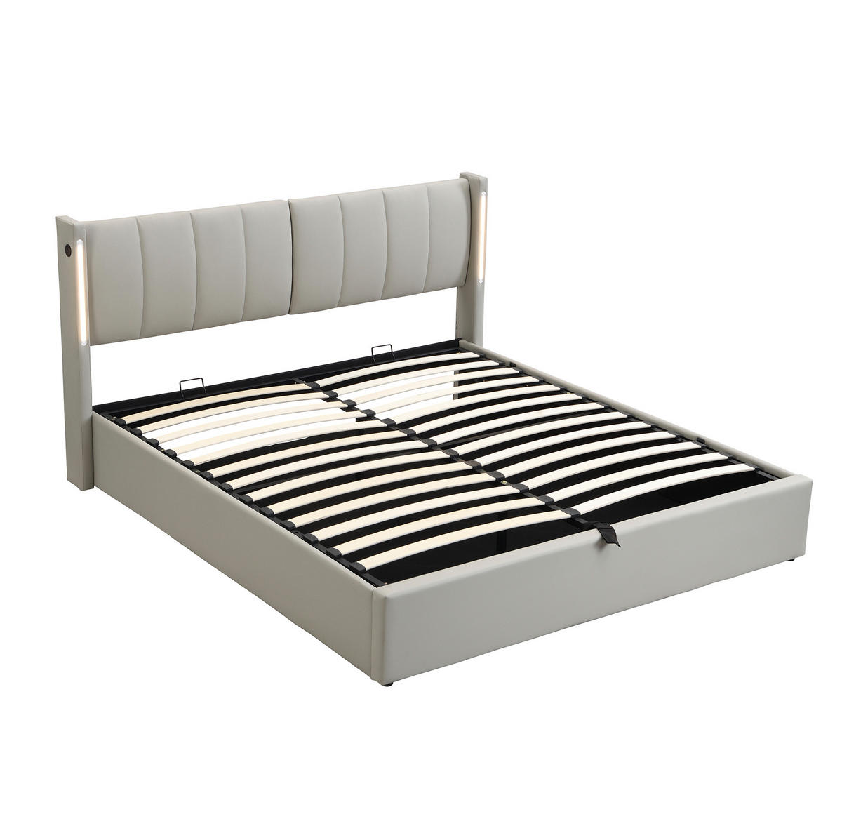 POLSTERBETT 160/200 cm mit LED-Beleuchtung, USB-Anschluss, verstellbarem Kopfteil und Bettkasten, Grau - Grau, Kunststoff (160/200cm) - Redom