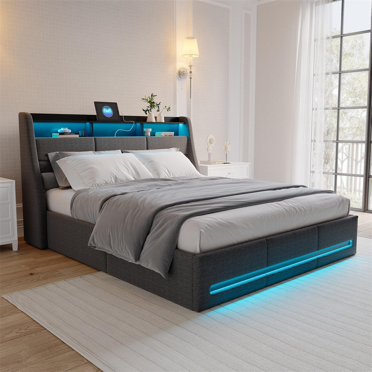 POLSTERBETT 140x200 cm - mit LED-Beleuchtung (Kopf- & Fußteil), USB-Ladefunktion und hydraulischem Bettkasten - Grau - Grau, Textil (140/200cm) - DELFA