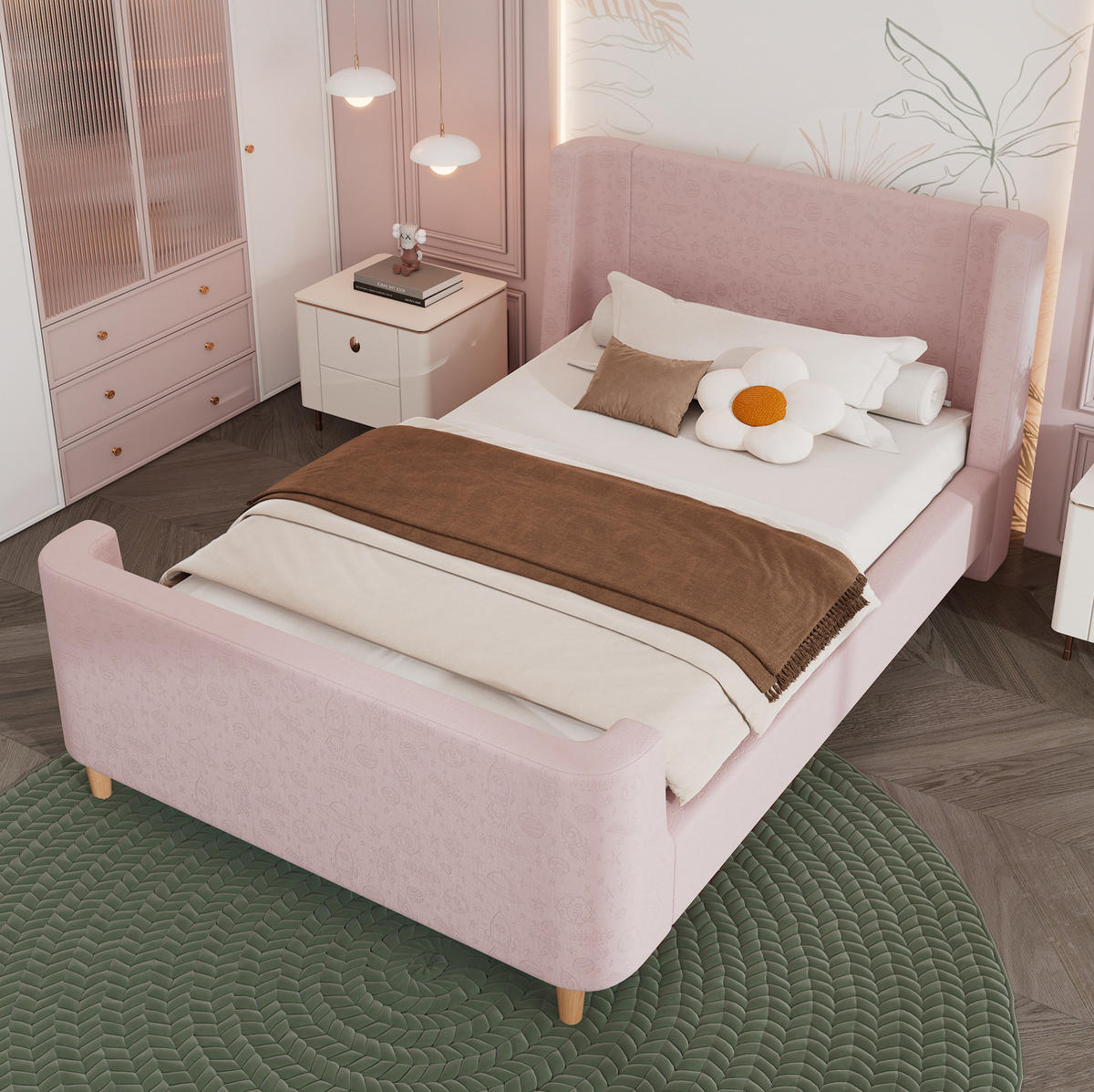 KINDERBETT aus Samt 90x200 cm Rosa mit Weltraummuster und Lattenrost - Rosa, Textil (90/200cm) - IVMEU
