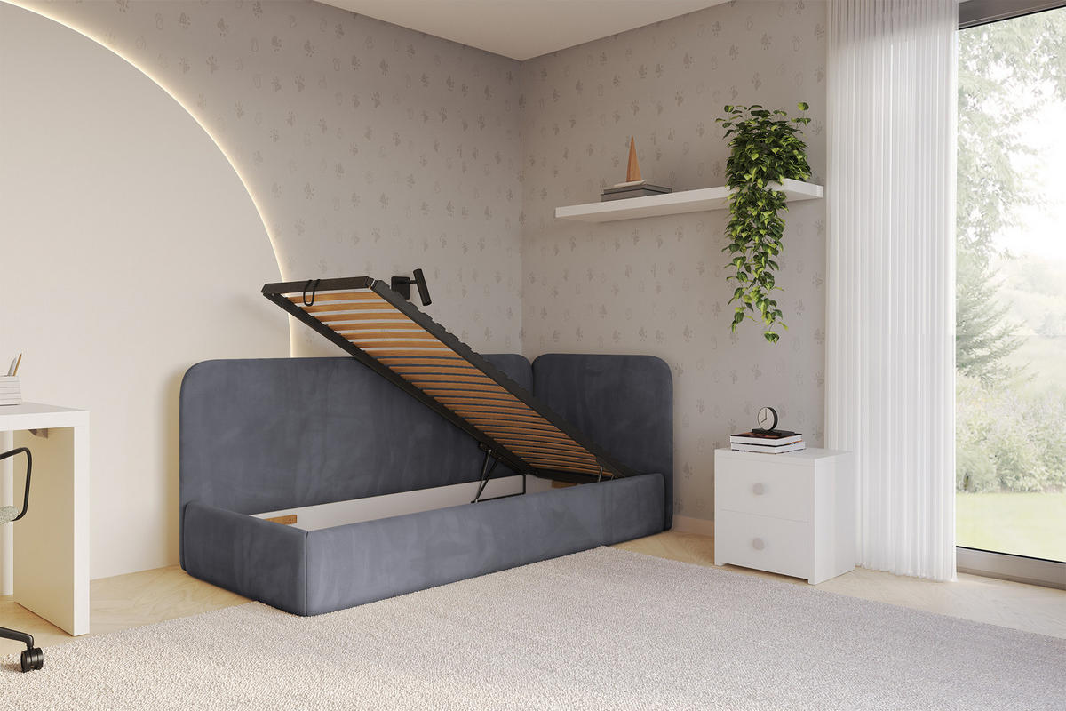 EINZELLBETT Jugendbett mit Bettkasten und Matratze H3/H4, Links - ELSY 100x200 Dunkelgrau - Dunkelgrau, Holzwerkstoff/Textil (100/200cm) - ALTDECOR