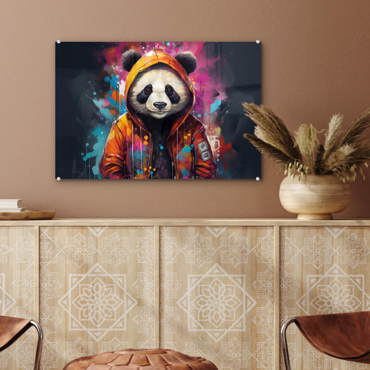 ACRYLGLASBILD Panda - Jacke - Graffiti - Orange 60x40 cm - Orange, Glas (60/40cm) - MuchoWow