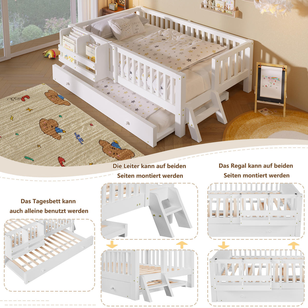 KINDERBETT 90/200 cm in Weiß mit Ausziehbett und Rausfallschutz im skandinavischen Design - Weiß, Holzwerkstoff (90/200cm) - STILVORA