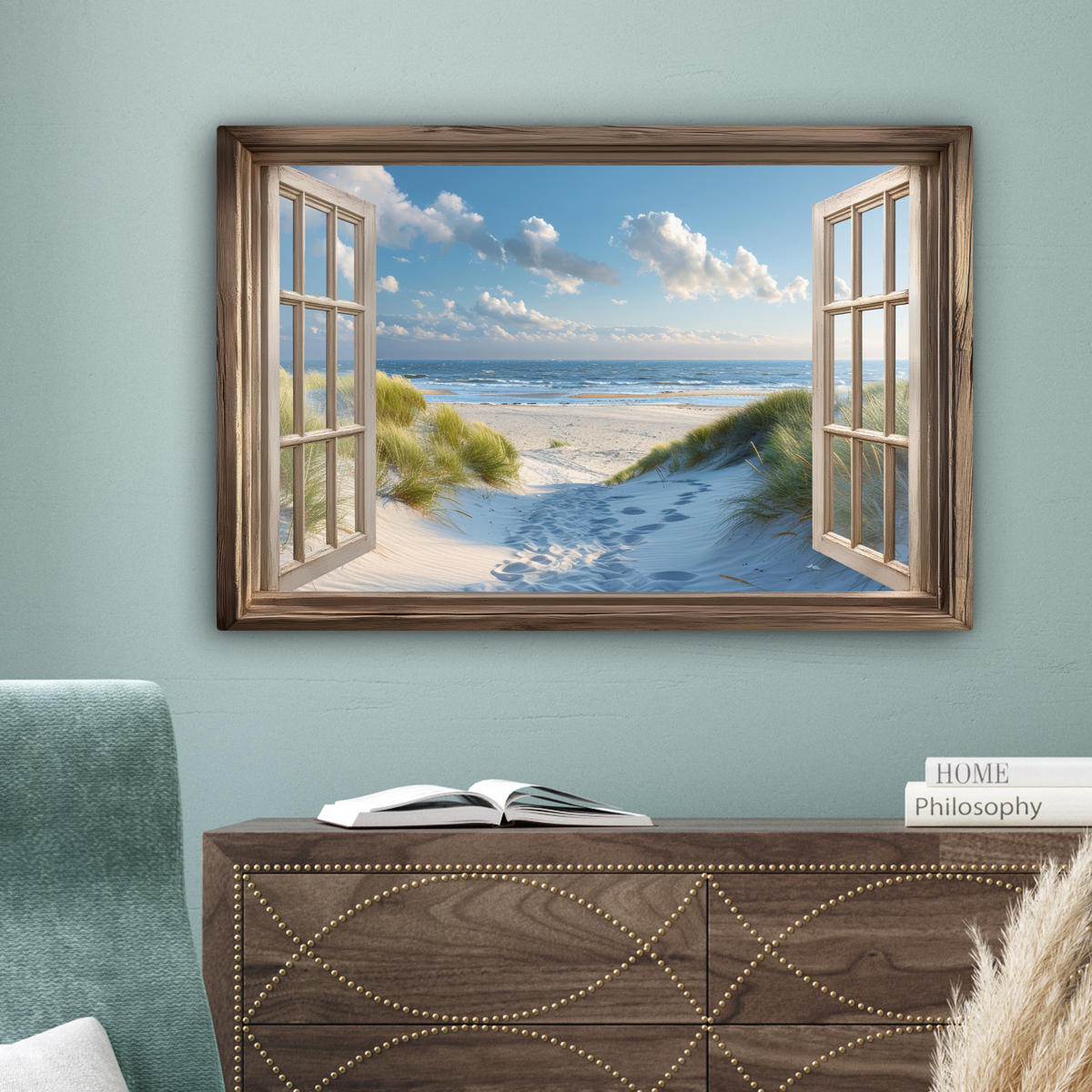 LEINWANDBILD Aussicht - Strand - Fenster - Dünen - Meer Gemälde 60x40 cm - Hellblau, Textil (60/40cm) - MuchoWow