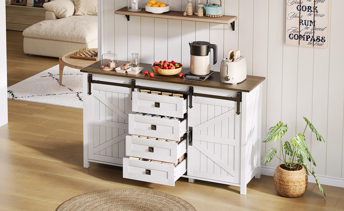 SIDEBOARD im modernen Landhausstil mit 2 Schiebetüren und 4 Schubladen, MDF, 137/40/81,5 cm, Weiß - Weiß, Holzwerkstoff (137/81.5/40cm) - Redom