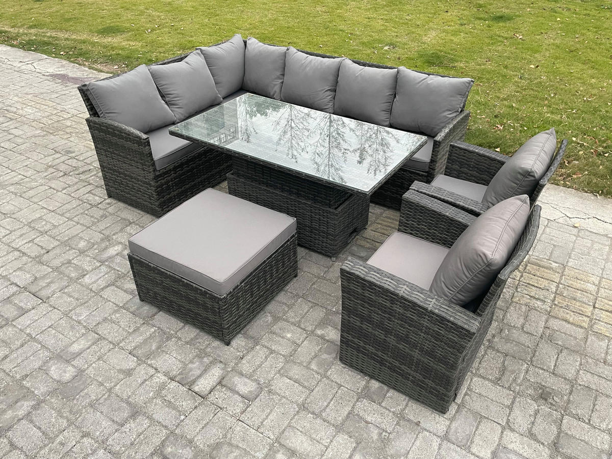 GARTENSET mit Höhenverstellbarer Tisch, Fußhocker, 2 Stühle Polyrattan Dunkelgrau 9-Sitzer - Dunkelgrau/Grau, Glas/Kunststoff - Fimous