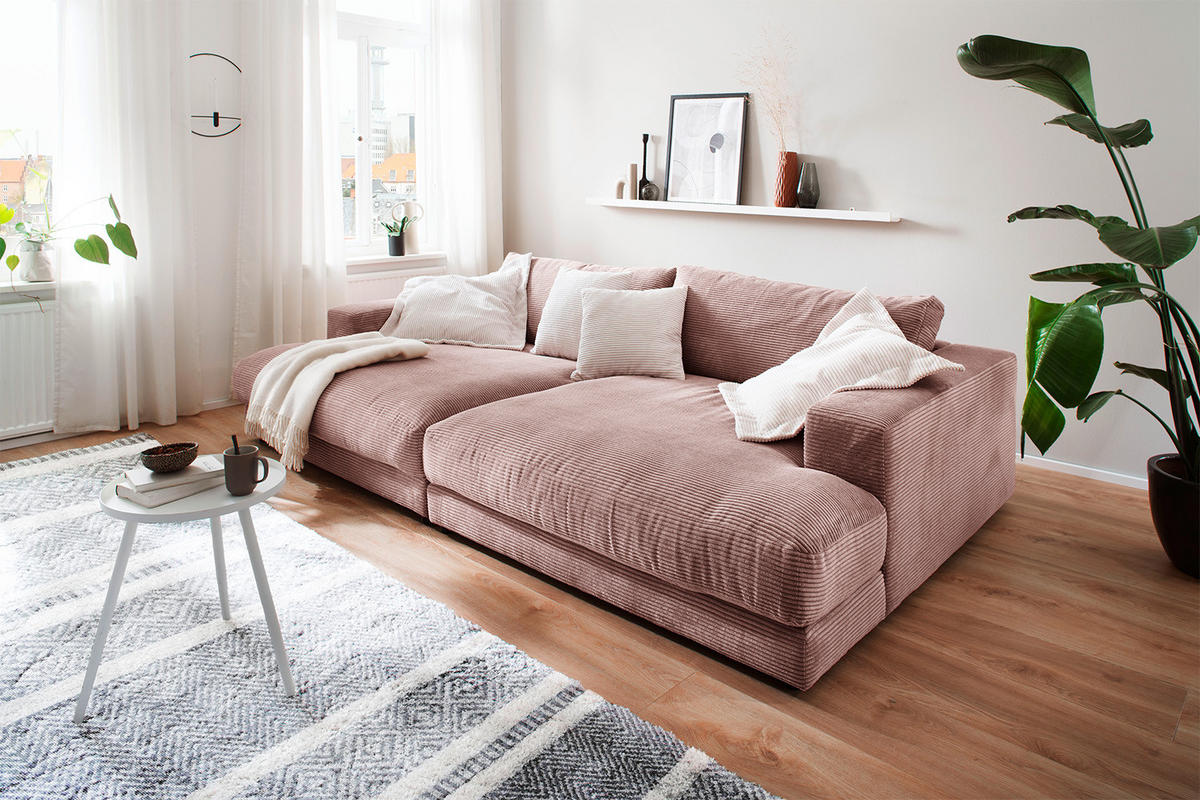 BIG SOFA XL MADELINE Pink Cord - Pink/Schwarz, Kunststoff/Textil (290/85/190cm) - KAWOLA