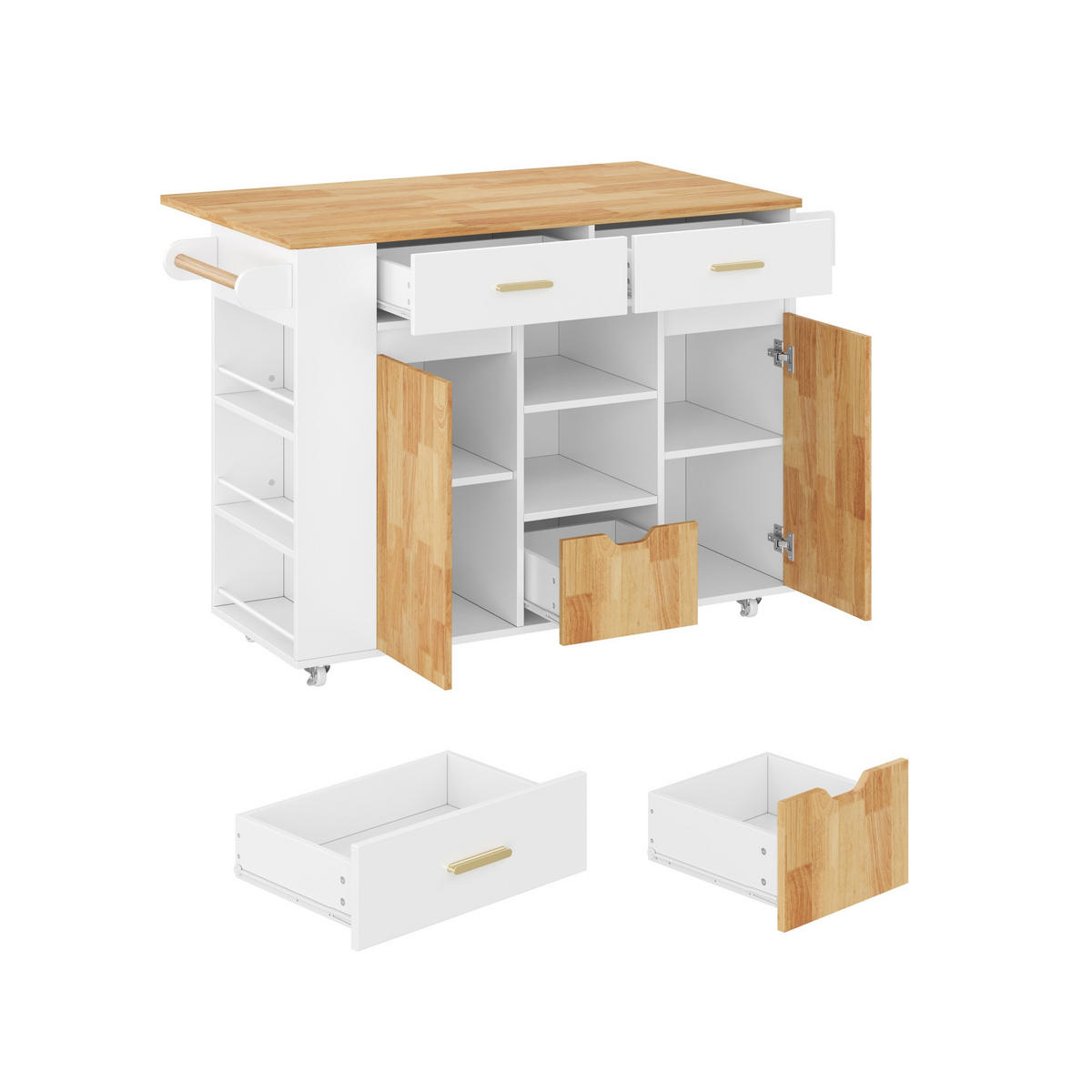 KÜCHENINSEL DE-41417 120/45-71/90 cm, klappbare Arbeitsplatte, Gewürzregal Weiß - Weiß, Holzwerkstoff (120/90/71cm) - ComfortXL