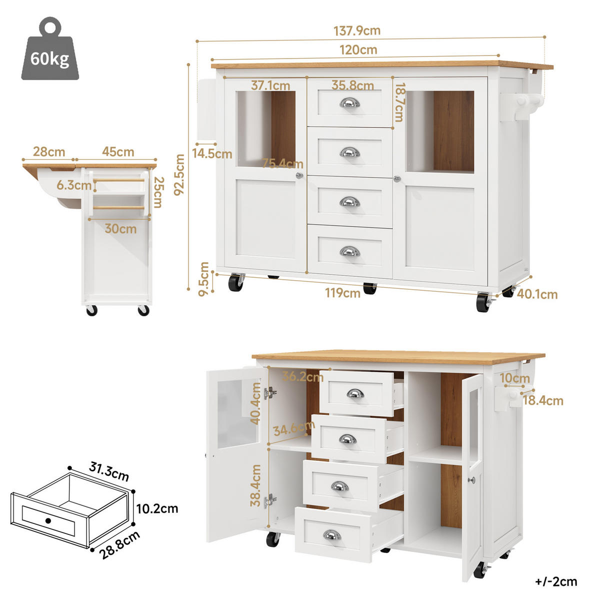 KÜCHENINSEL 137,9/73/92,5 cm Weiß aus MDF und Metall mit Klapptisch - Weiß, Holzwerkstoff (73/92.5/137.9cm) - OKMYHOME