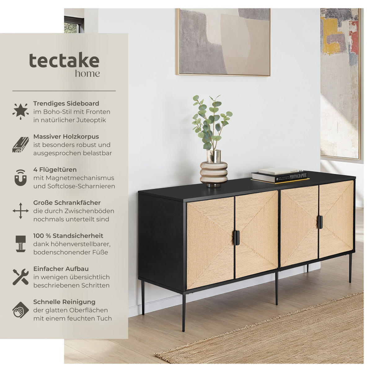SIDEBOARD Juna,150 x 47 x 77 cm, höhenverstellbare Füße,schwarz/braun - Schwarz/Braun, Holz (150/77/47cm) - tectake