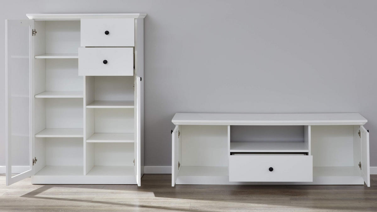 WOHNWAND 2-teilig in weiß 235 cm, Wohnkombination im Landhaus-Stil - Silberfarben/Weiß, Glas/Holzwerkstoff (41/129/235cm) - Top.Furn
