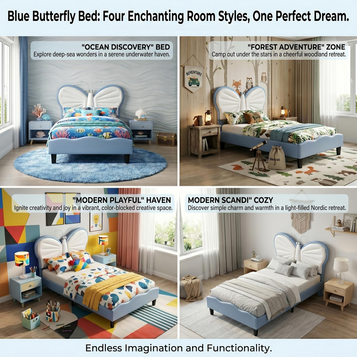KINDERBETT Schmetterling mit LED-Leselampen 90/200 cm Samt Blau - Blau, Textil (90/200cm) - Creahappy