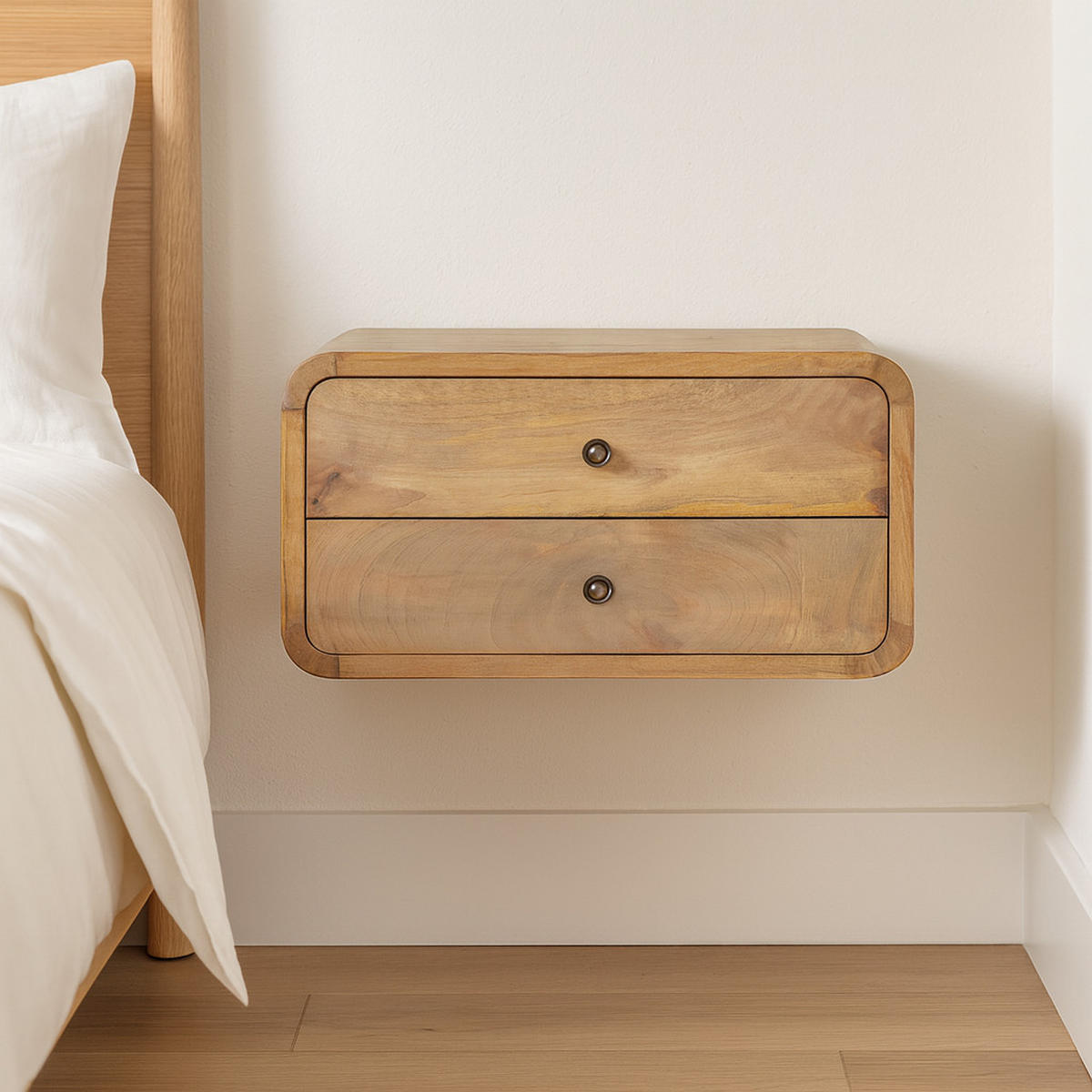 NACHTTISCH mit 2-Schubladen, Wandmontiert, Beige - Messingfarben/Braun, Holz/Metall (45/25/32cm) - Artisan Furniture