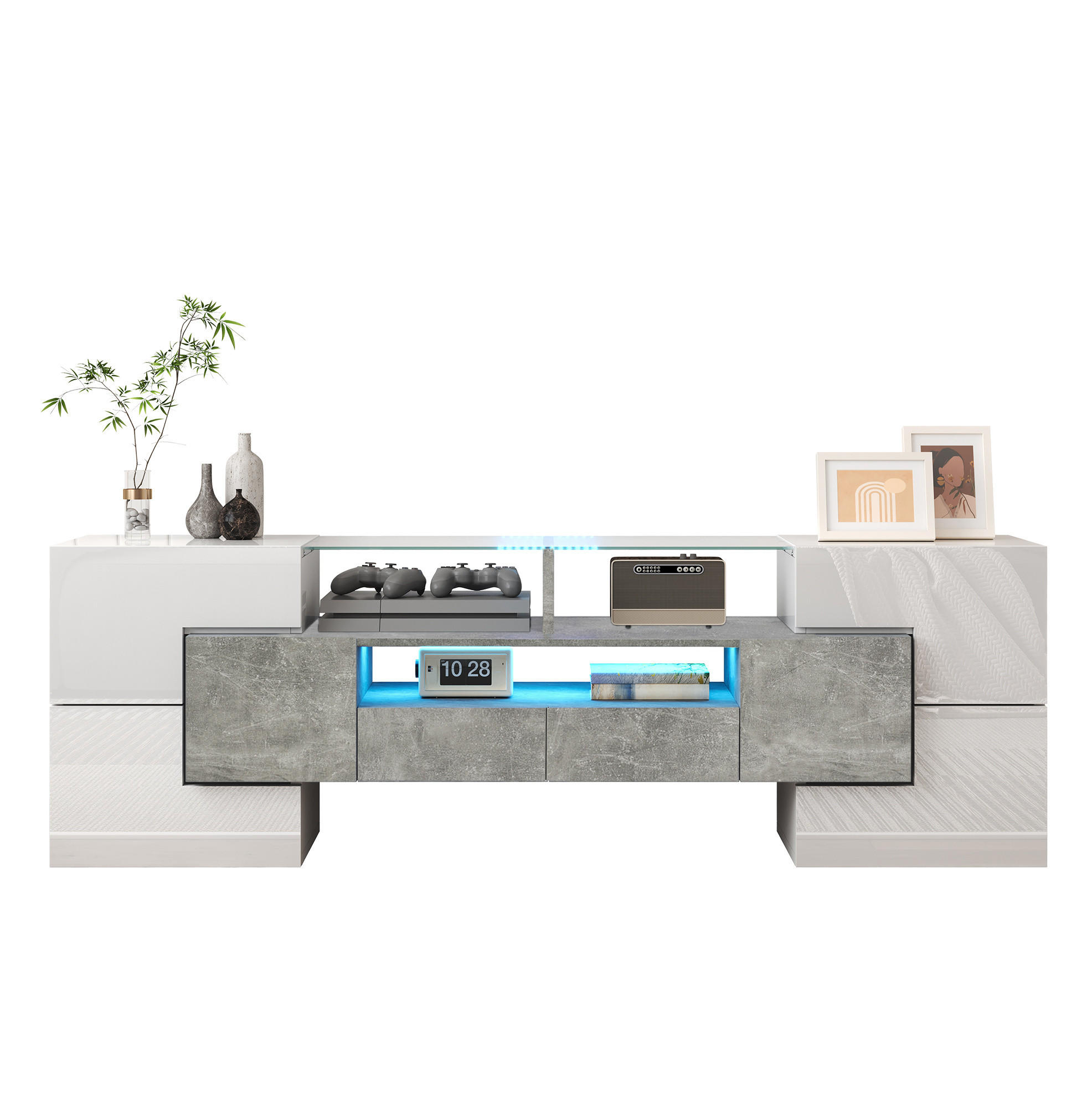 Redom TV stolek 145/30/51 cm s LED osvětlením a velkorysým úložným prostorem, lesklá bílá