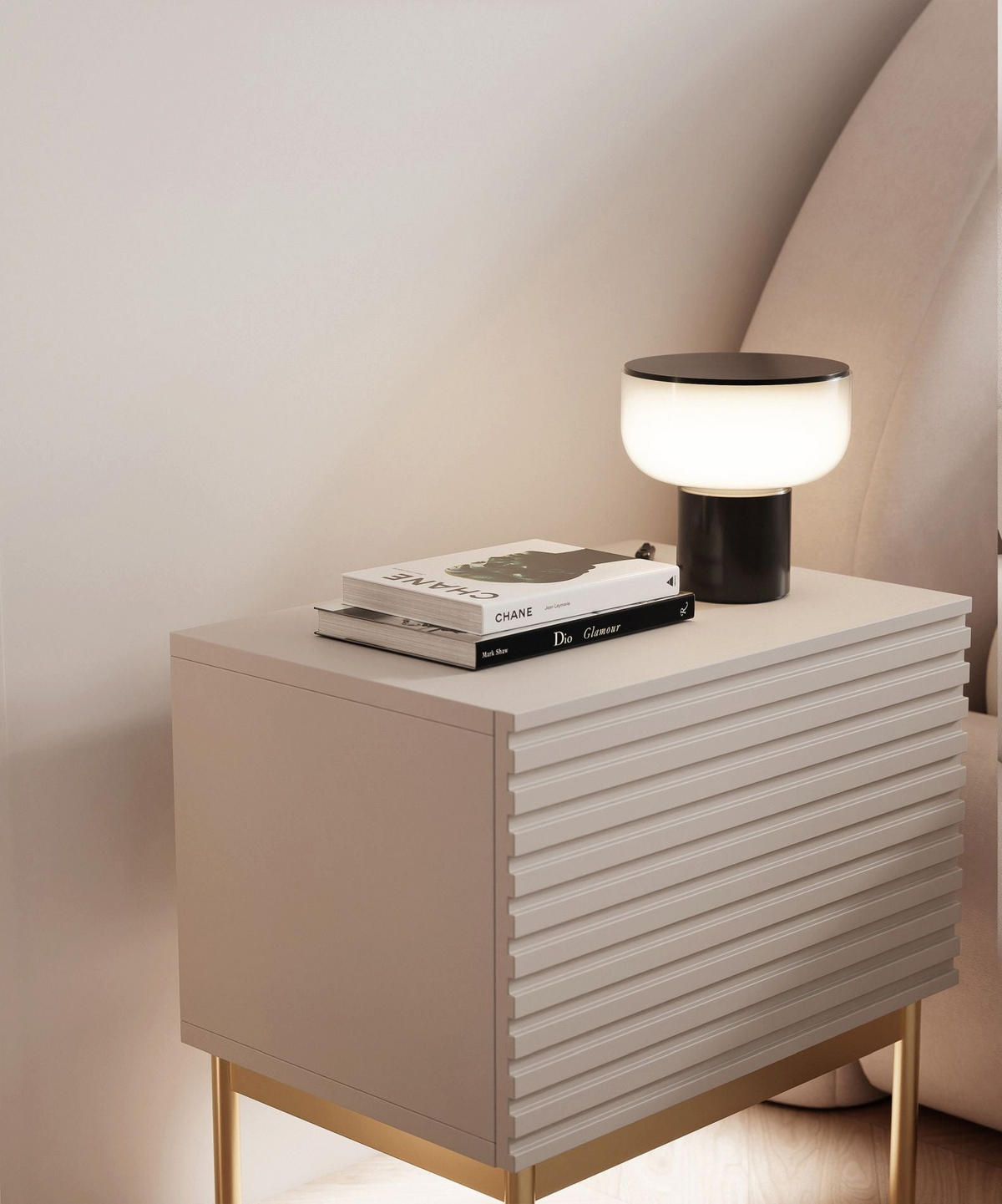 NACHTTISCH Linearis Kaschmirgrau 46 cm - Taupe/Goldfarben, Holzwerkstoff (35.9/45.4/31.6cm) - Selsey