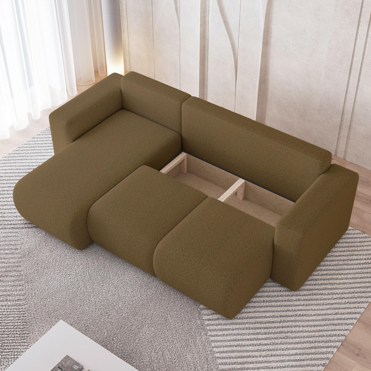 ECKSOFA RINOVA Orange Boucle-Stoff mit Schlaffunktion - Orange, Holz (250/143cm) - MASSENO